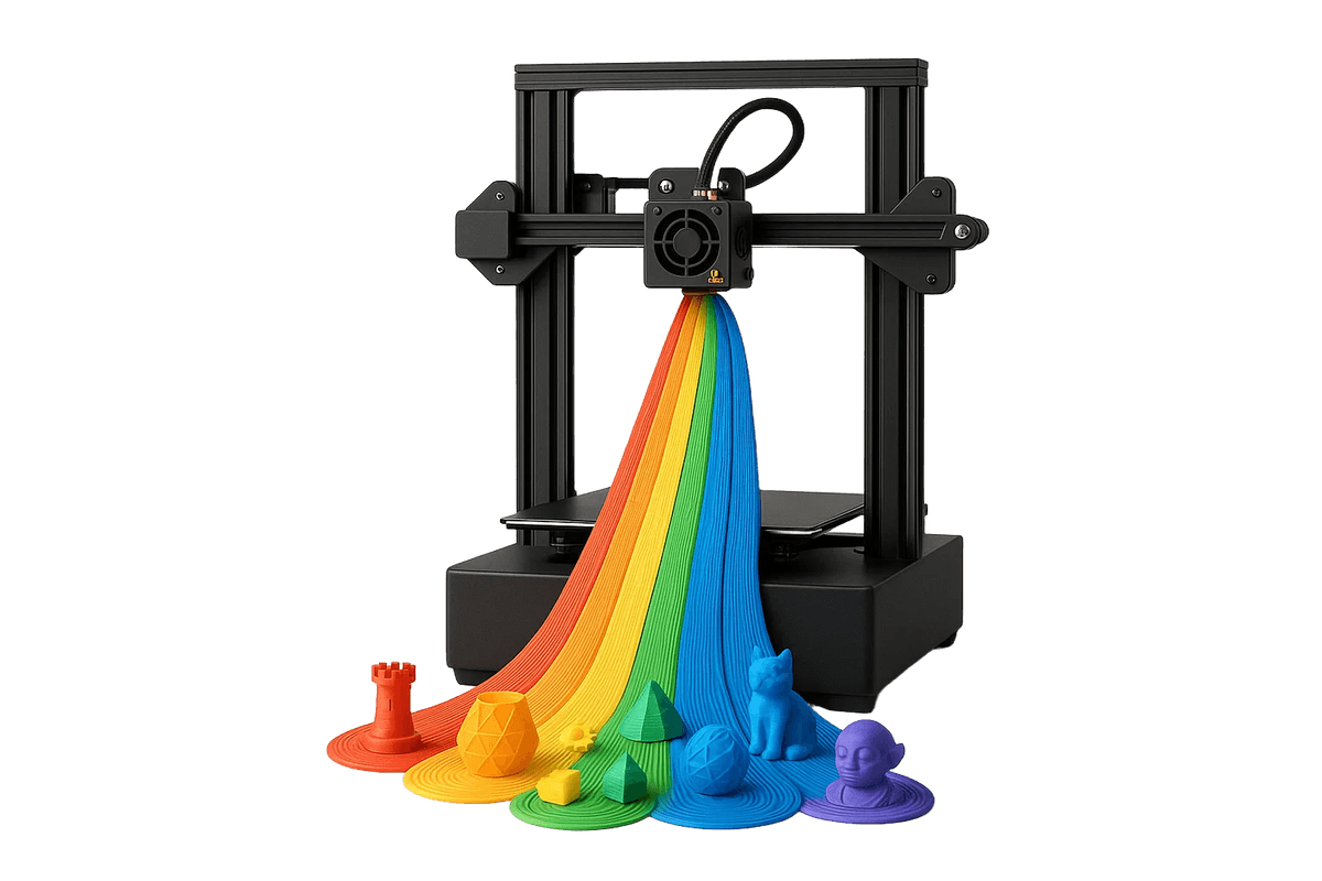 3D printer creating colorful rainbow prints including castle, sphere, pyramid, cat, and skull figures
